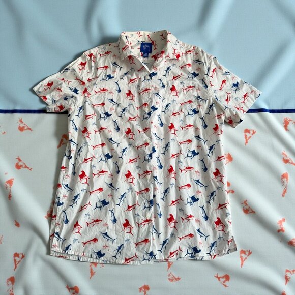 GUY HARVEY Swordfish Print Red White Blue Button Down Shirt Size Medium - Picture 1 of 10